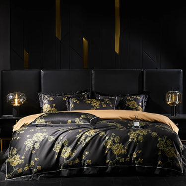 Black Gold Flower Europe Digital Printing Luxury Soft Duvet Cover Set, 1000TC Egyptian Cotton Bedding Set